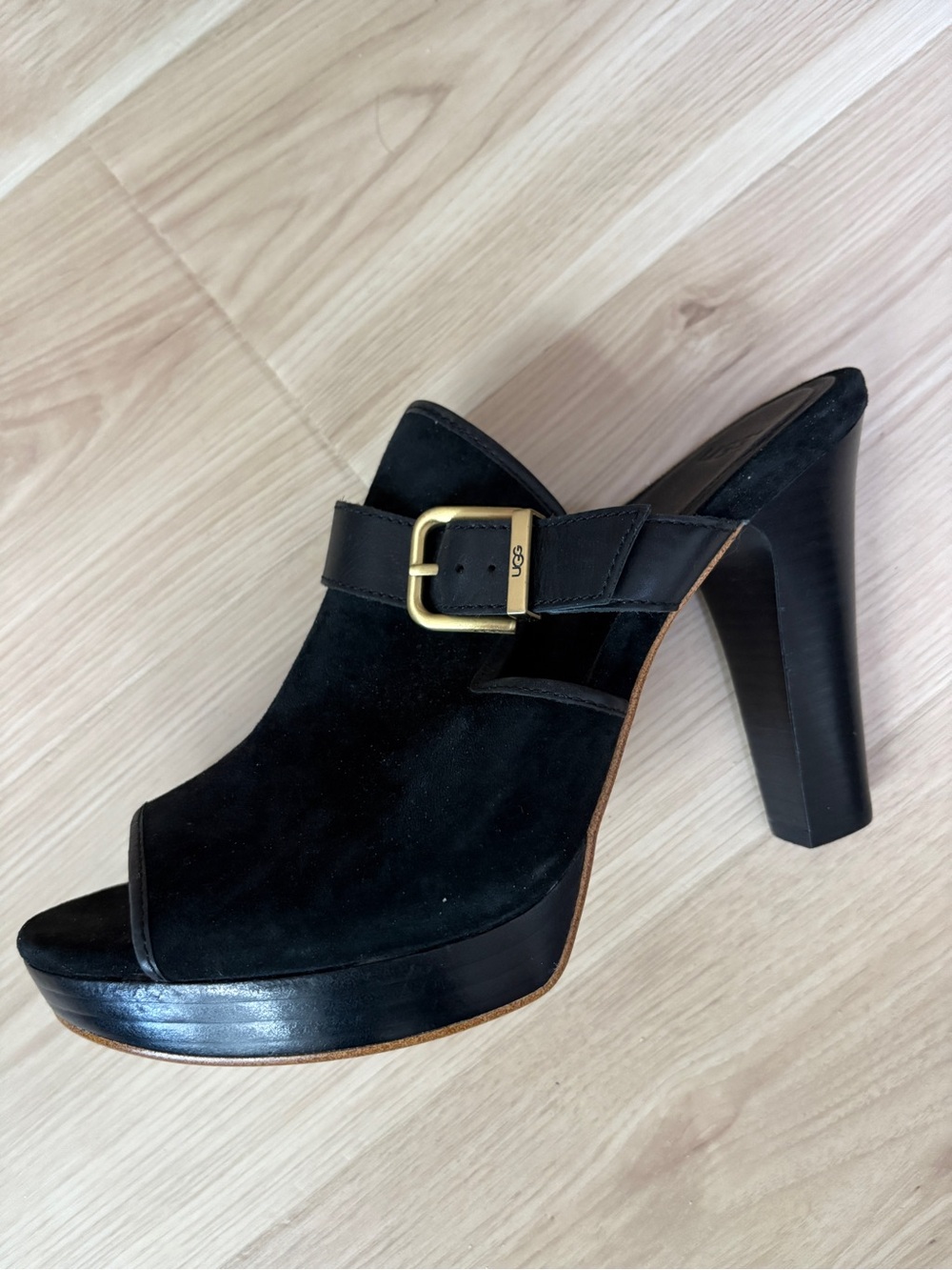 Elegant Mule High Heel Platform Open Toe UGG Black Suede Size 11M
